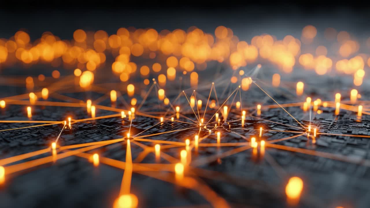 Futuristic abstract background with glowing orange nodes connected by a neural network, symbolizing data transmission, communication, global connectivity, and artificial intelligence technology