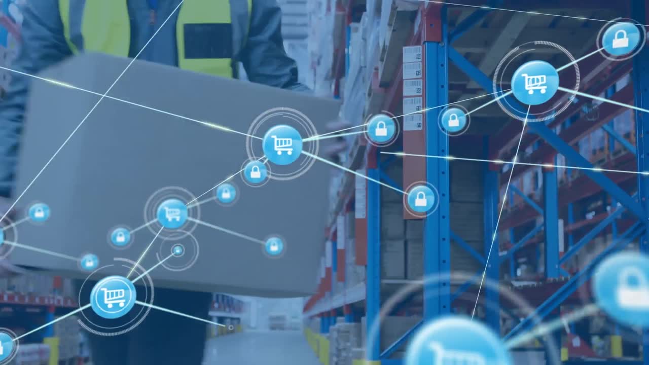 animación de la red de conexiones con iconos sobre el hombre que trabaja en el almacén