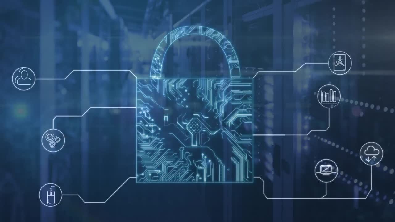 animación de la red de conexiones con iconos y cerrojo sobre la sala del servidor.