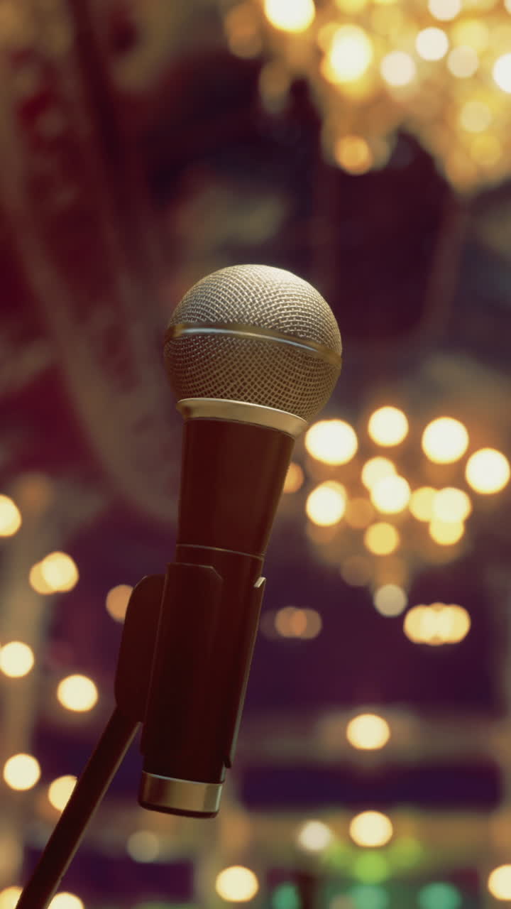 Microfono sul palco pronto per un'esibizione in un elegante teatro
