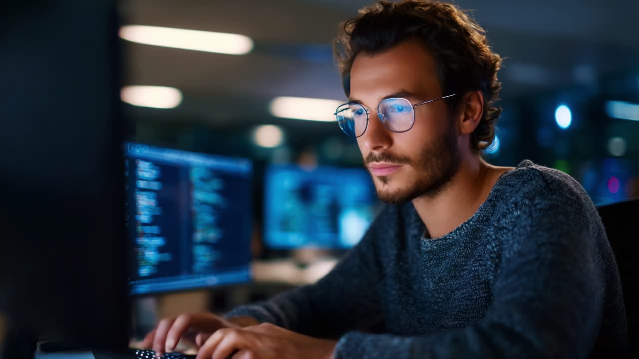 Focused Programmer Engaged in Coding Task with Multiple Monitors and Dimly Lit Environment Emphasizing Productivity and Concentration on Software Development