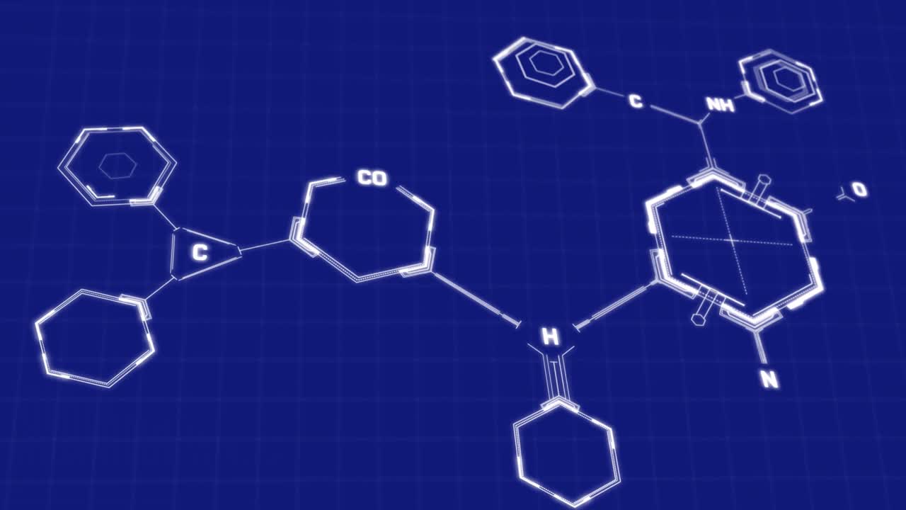 파란색 바탕에 그리드 네트워크 위에 떠다니는 화학 구조의 애니메이션