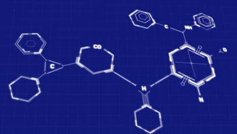 animación de estructuras químicas flotando sobre la red de cuadrícula contra un fondo azul