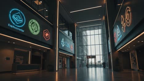 modern indoor space featuring high-tech illuminated signage and a bright, spacious ambiance, ideal for corporate gatherings and business interactions