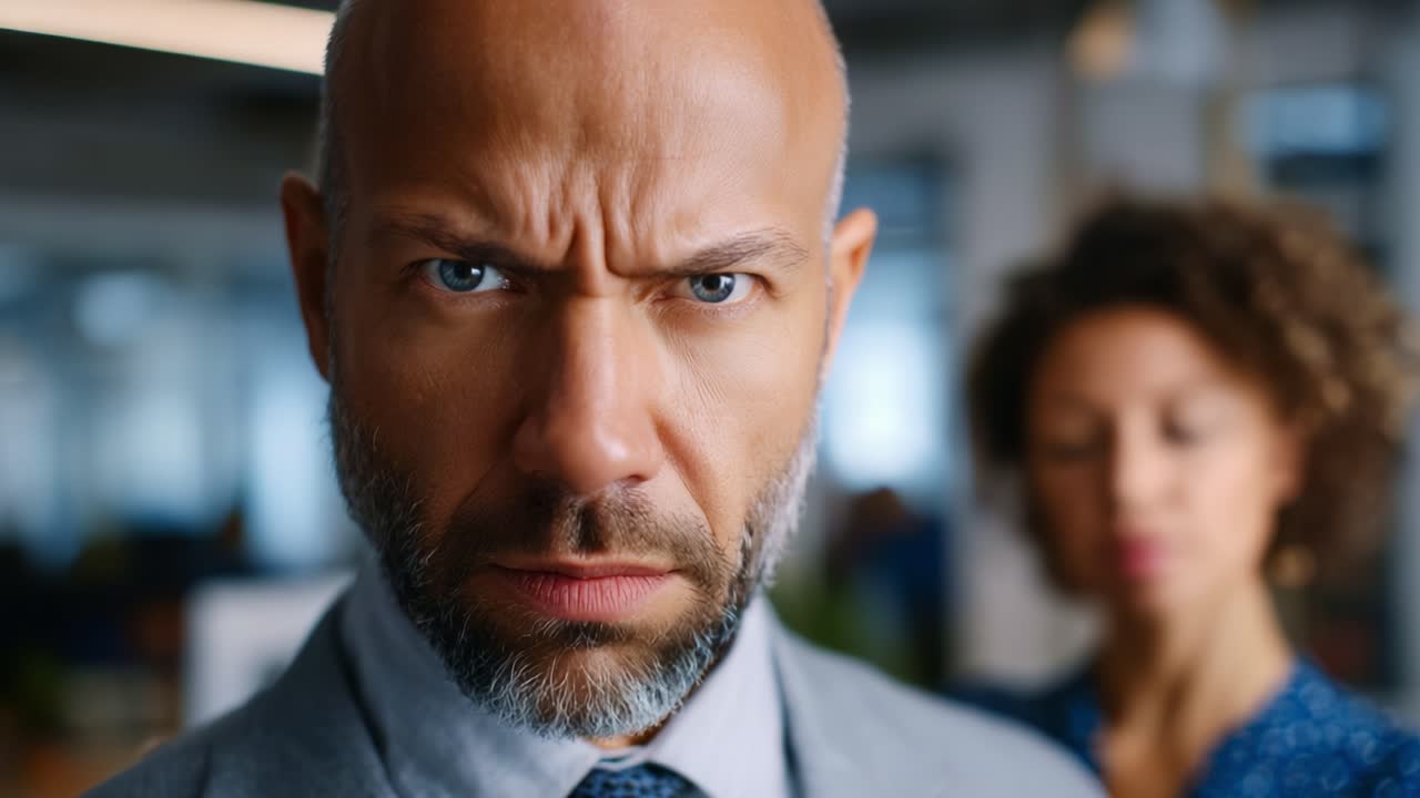Espressioni intense in un ambiente professionale: un uomo concentrato in giacca e cravatta con uno sguardo serio, che mette in evidenza la tensione sul posto di lavoro e le dinamiche emotive tra colleghi