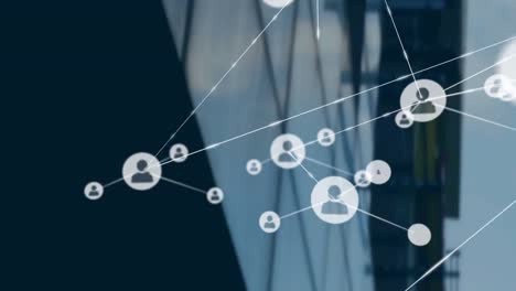 animation of network of connections with icons over modern building