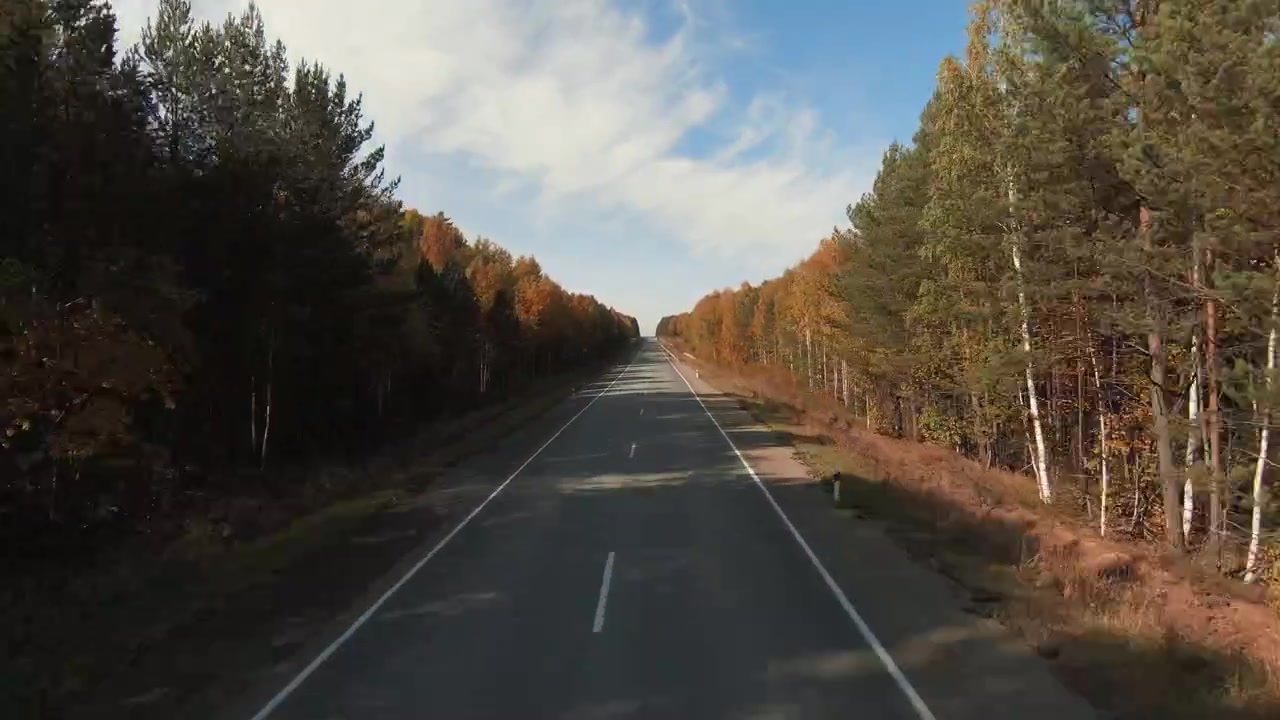 Volo veloce di un drone FPV sopra un'autostrada autunnale attraverso la foresta degli Urali in Russia