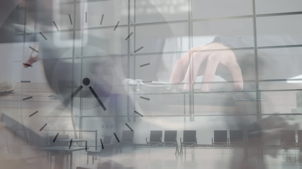 animación de la mano de un hombre caucásico usando una computadora sobre el reloj moviéndose