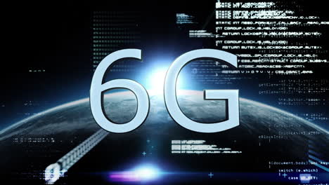 animation of 6g text over globe and data processing on blue background