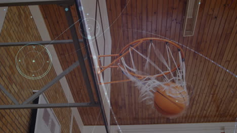 animation of networks of connections over group of diverse basketball players at gym