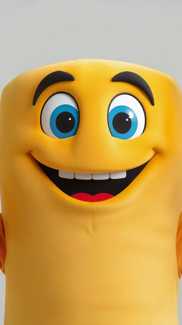 Vertical video: Smiling yellow mascot bobbing after sequence start in studio, with blue eyes, seam