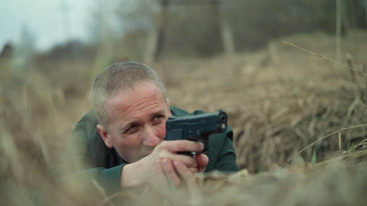 A close view of a man inside a hole on the ground in a dry, grassy area, holding a handgun with a determined and focused and looking back