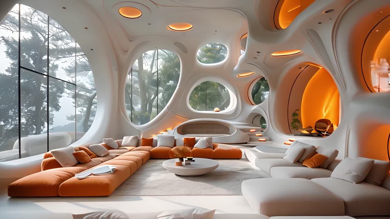 Futuristic Living Room with Organic Architecture and Nature Views