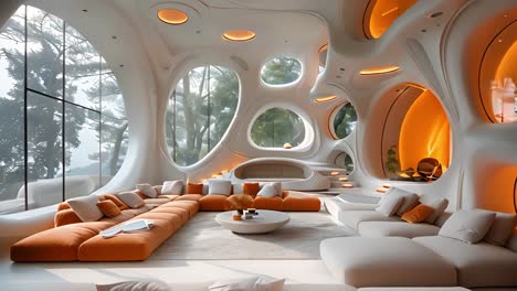 futuristic living room with organic architecture and nature views