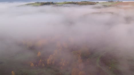 Morning-Tuscany-mist-covering-rural-landscape-in-Italy,-aerial