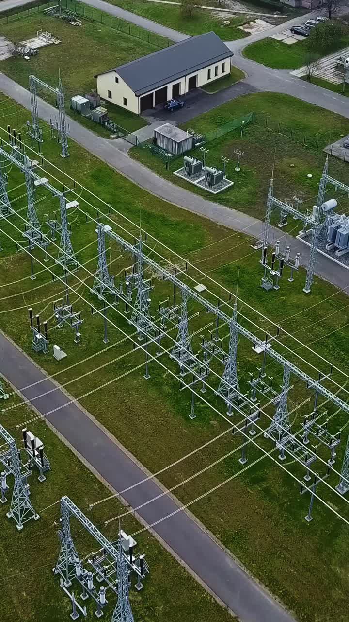 Aerial view of an electrical substation for transforming and routing electricity to different areas