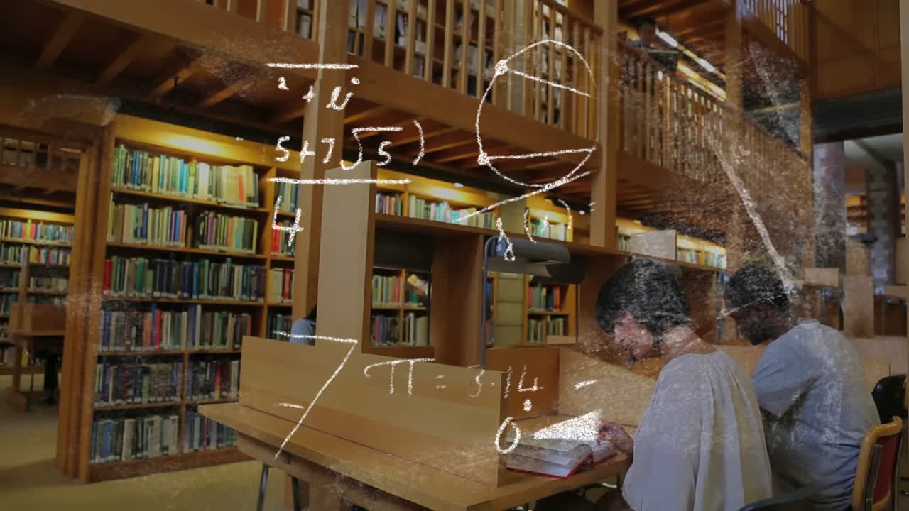 Student passing shelves causing chalk-style math overlays educating patrons studying before fading