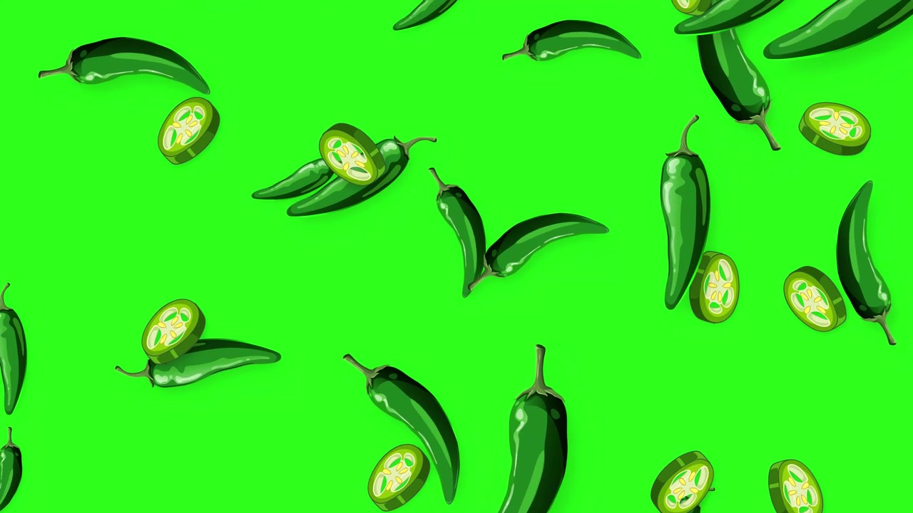 Pimentões verdes animados e fatias caem continuamente contra um fundo vibrante de tela verde