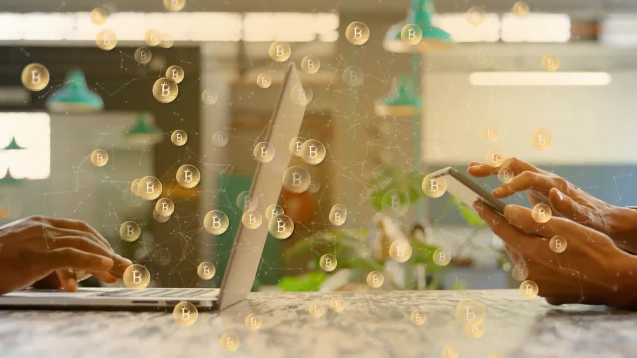 전자 장치를 사용하는 남성과 여성의 중간 섹션에 대한 여러 비트코인 기호의 애니메이션