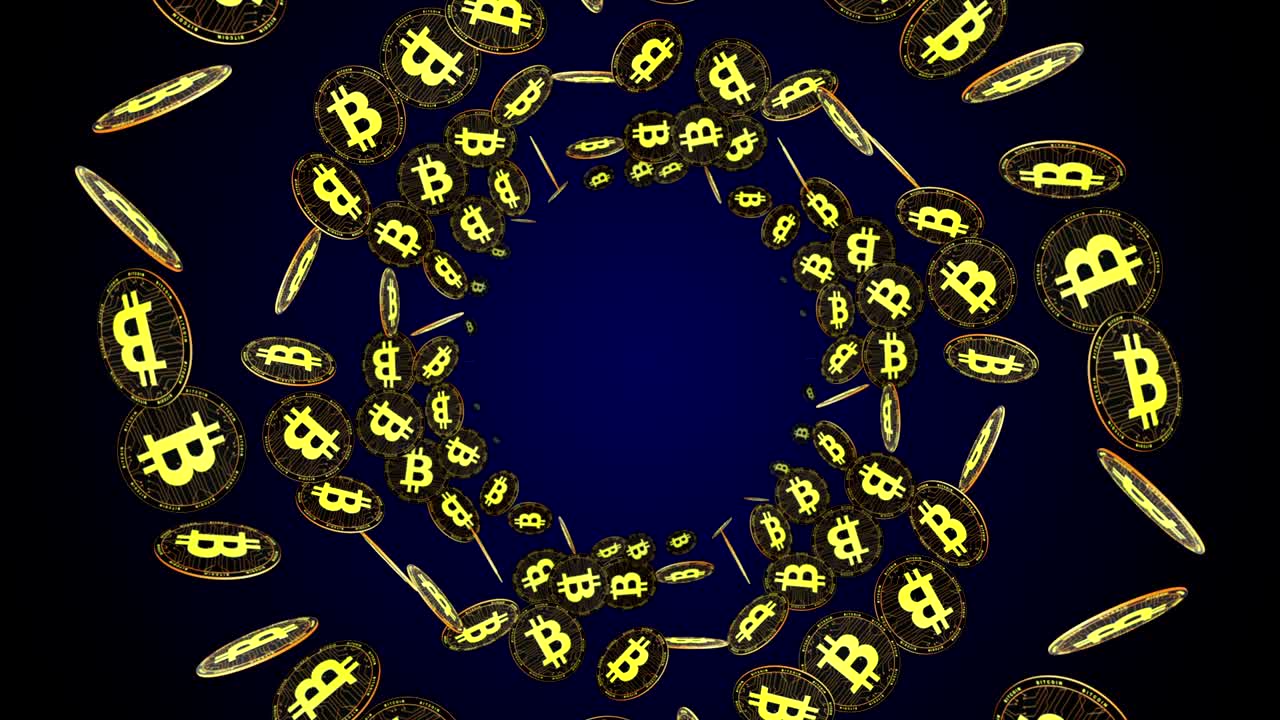 animación de monedas de bitcoin, fondo, renderización y bucle