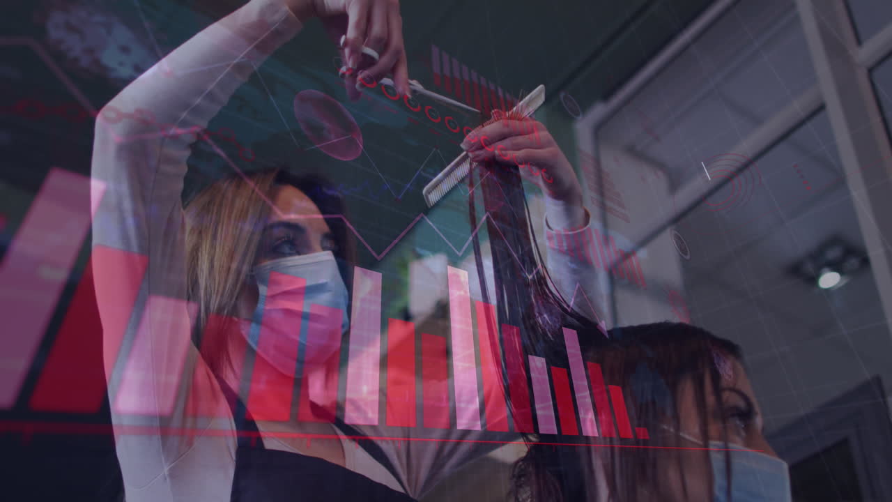 animación de diagramas sobre una peluquera caucásica y una mujer con máscaras faciales