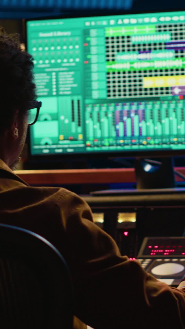 Mand, der arbejder på musikproduktionssoftware i et mørkt studie