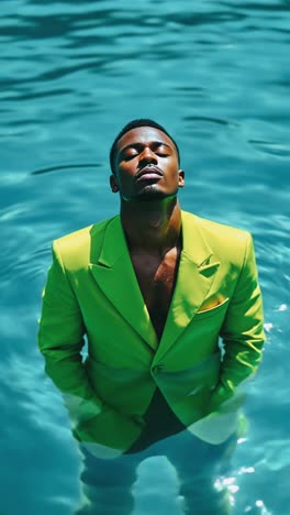 man in a lime green suit in a pool