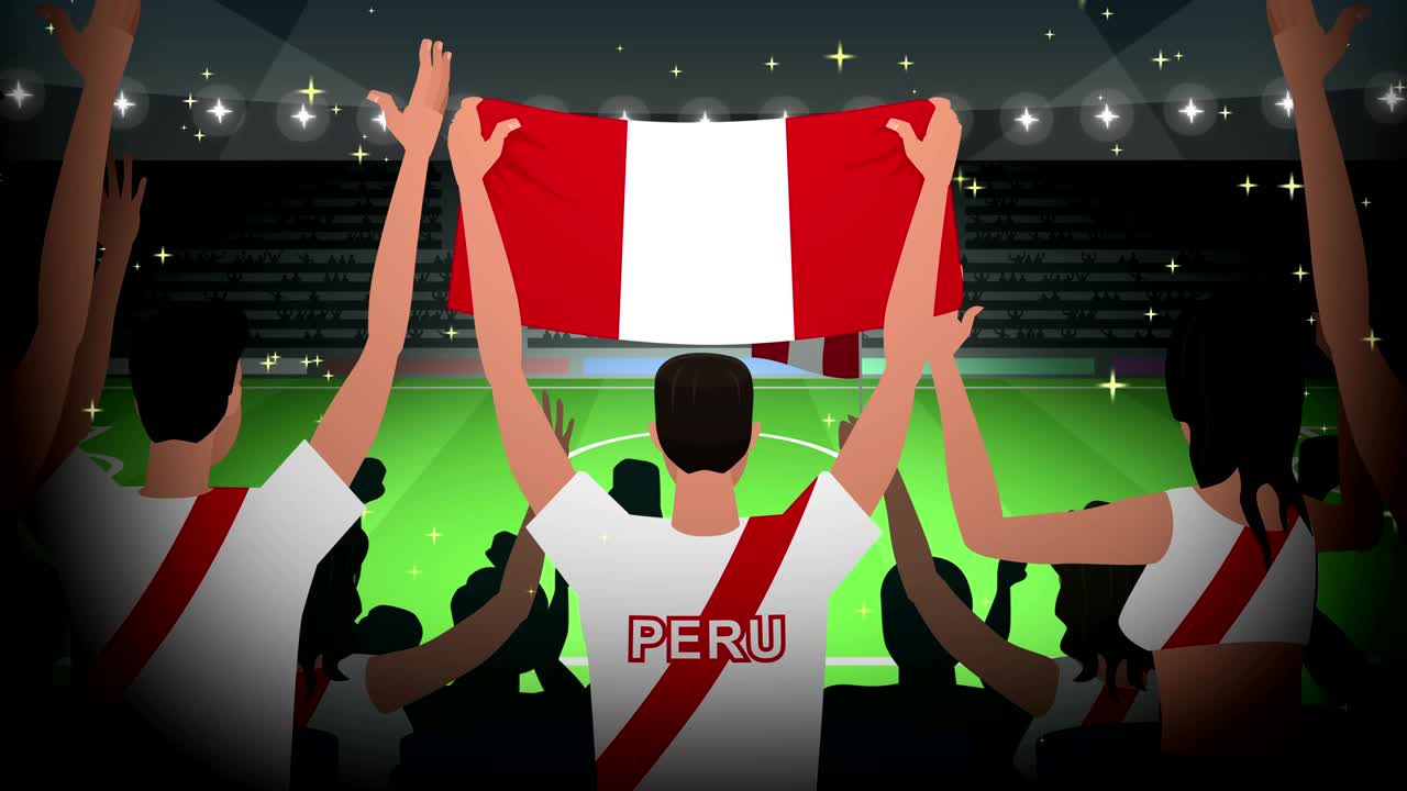 만화는 축구 팬들의 군중을 응원합니다. 페루 축구 애니메이션.