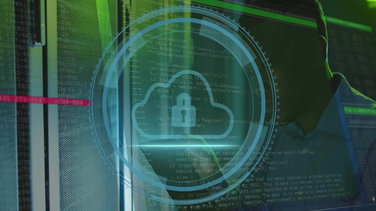 Animation of data processing over african american male worker in server room