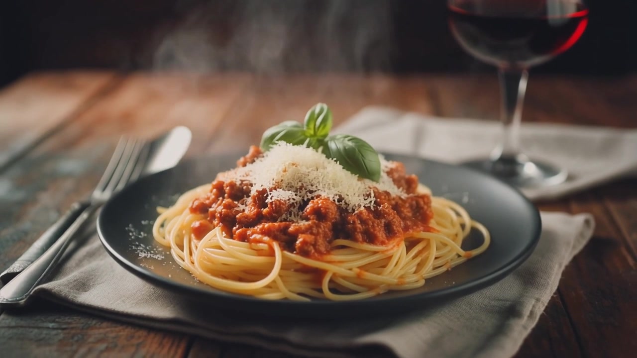 Piatto fumante di Spaghetti alla Bolognese con Basilico Fresco e Parmigiano