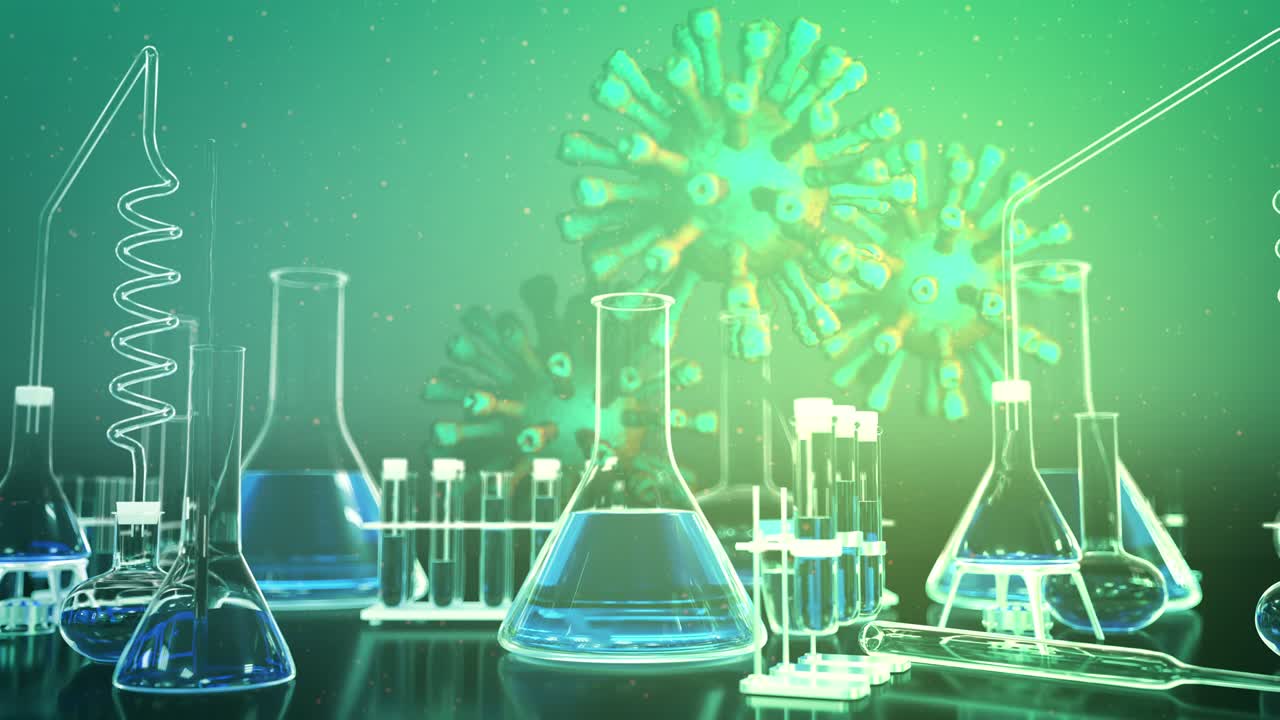 코로나바이러스 코로나19 은 배경 원활한 루프 비디오, 움직이는 바이러스에 대한 테스트 튜브 배경 - 60fps 4k uhd 3d 루프 가능한 애니메이션