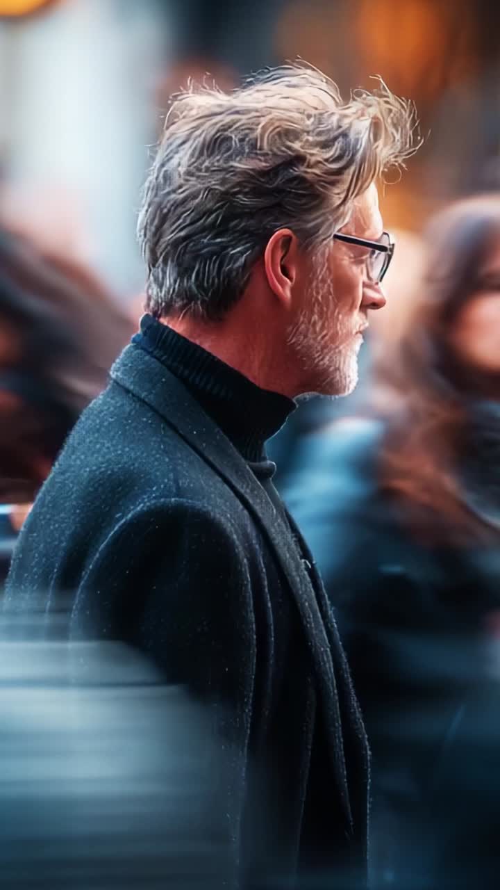 A Thoughtful Stroll Through the City: Capturing a Pensive Moment of a Distinguished Individual Amidst a Bustling Urban Environment