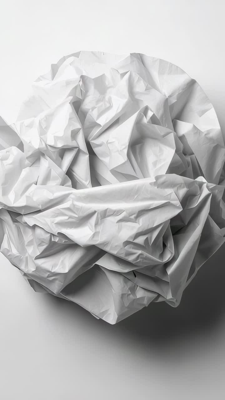 Vertical video: Tightening cam zooming on crumpled white paper on table, showing creases and shadow