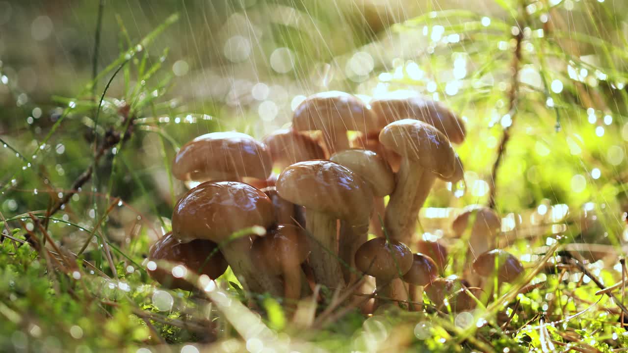 비가 오는  ⁇ 빛이 비는 숲에서  ⁇ 의 아가릭의 armillaria 버섯.