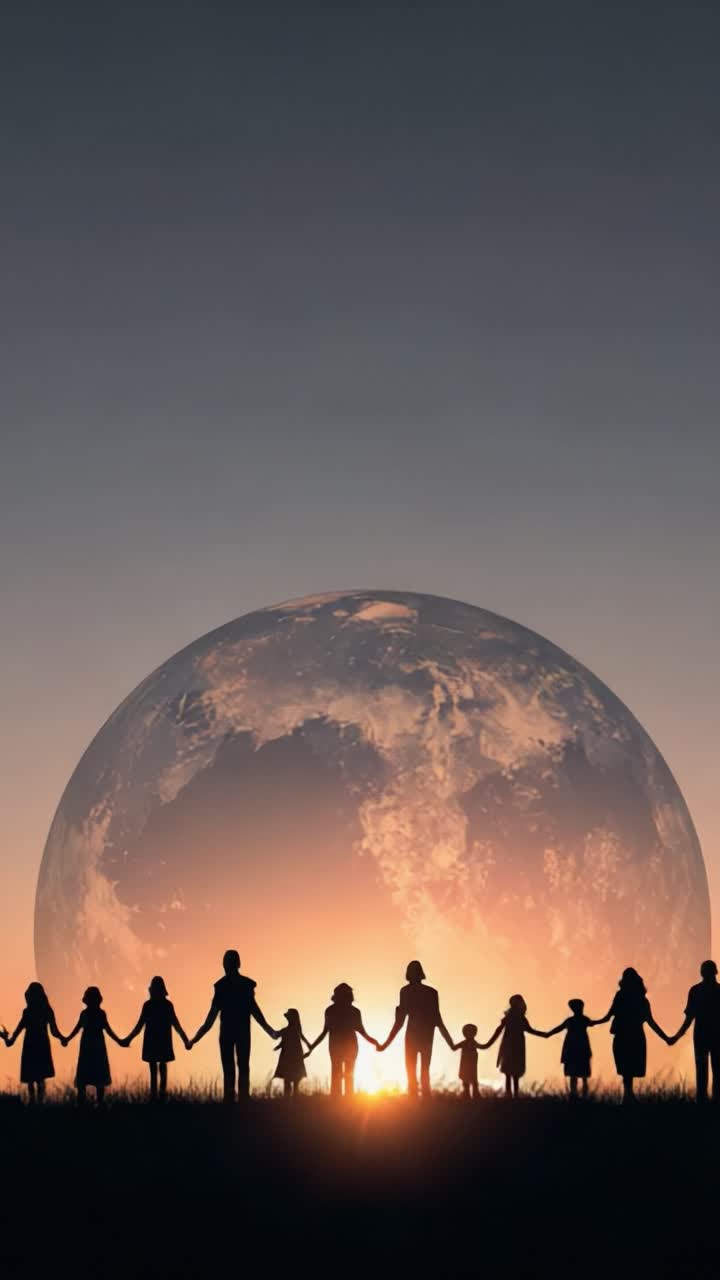 A Heartwarming Silhouette of Unity: People Holding Hands Against a Majestic Sunset with a Breathtaking Planet in the Background, Symbolizing Togetherness and Serenity