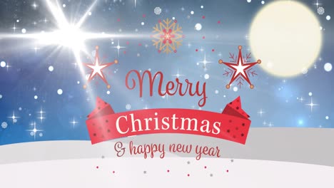 animation of christmas and new year greetings and snow falling over winter landscape