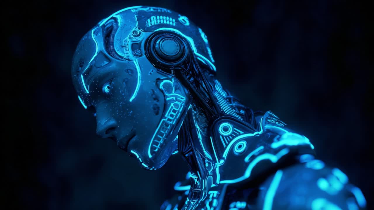 Close up profile of a futuristic android slowly lowering its head against a dark background, revealing glowing blue neon circuits and intricate mechanical parts representing artificial intelligence