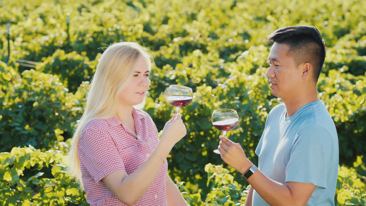 작은 와이너리 개인 시음 및 투에서 포도원 근처에서 와인을 시음하는 아시아 남자와 백인 여자