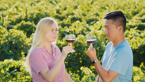 asian man and caucasian woman tasting wine near a vineyard at a small winery private tasting and tou