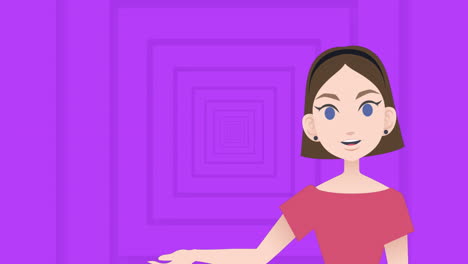 animación del icono de la mujer sobre cuadrados púrpuras