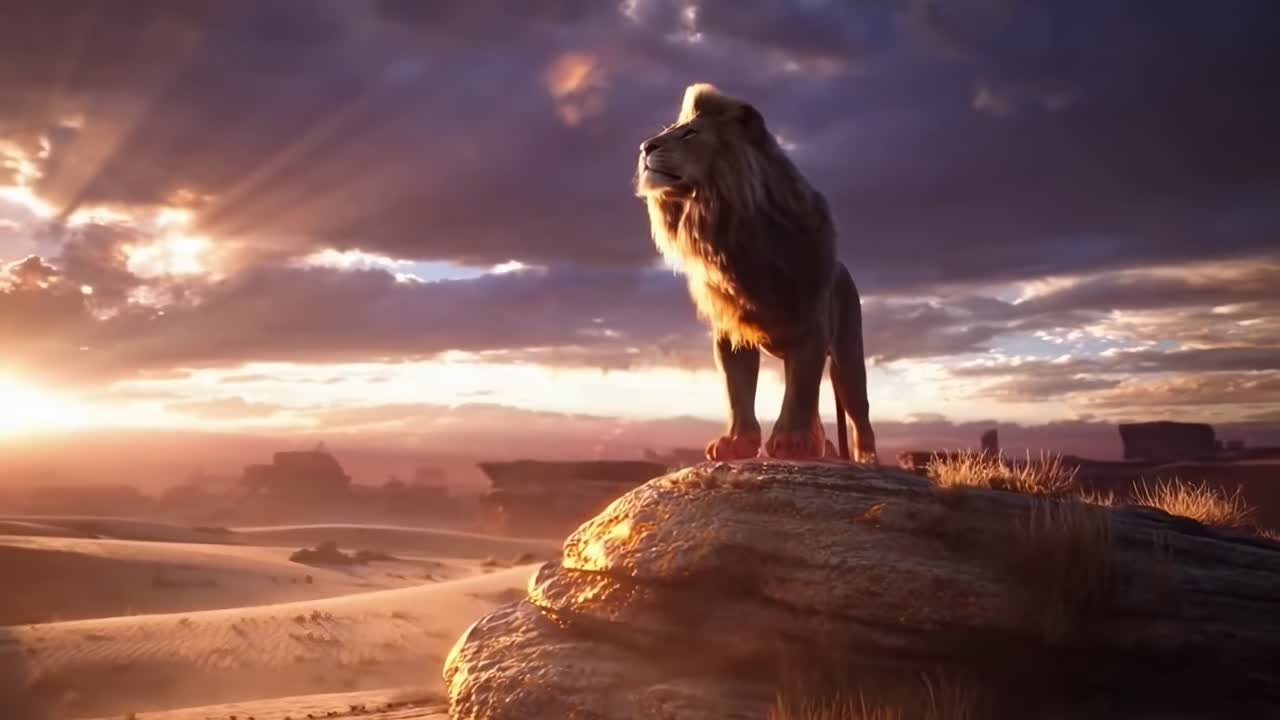Gün batımında bir kayanın üzerinde heybetli aslan, düşük açıdan çekilmiş Sinematik video stili, Canlı masaüstü