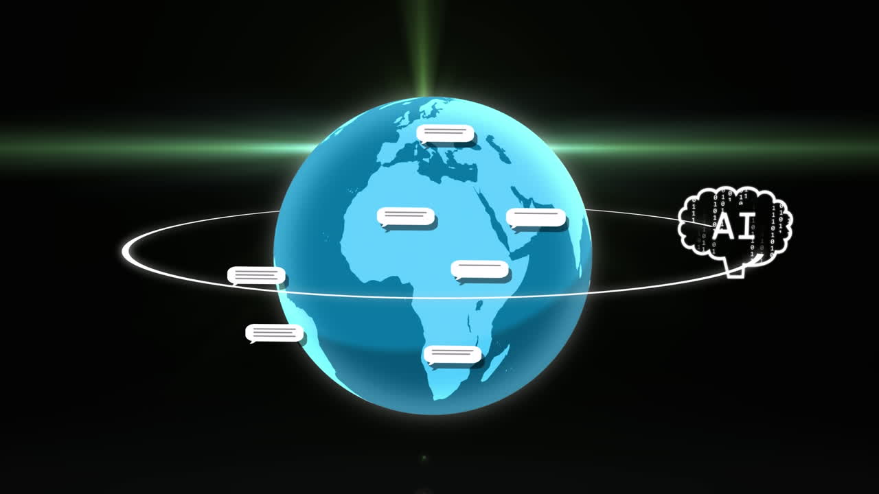Animation of cloud with ai text revolving around globe with notification icons on black background
