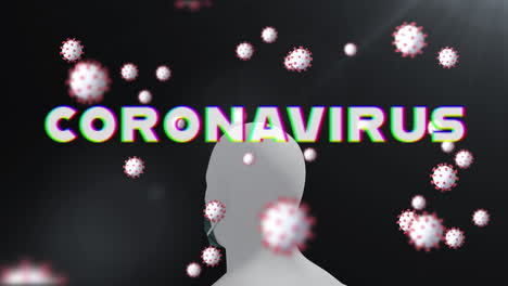 coronavirus text against covid-19 cells and 3d model of human face wearing mask in background