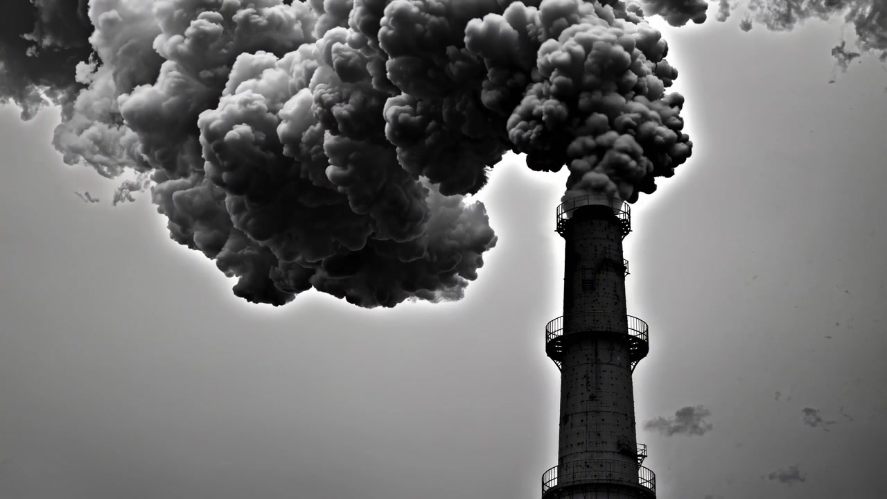 Fumo denso che si sprigiona da una ciminiera industriale in scala di grigi