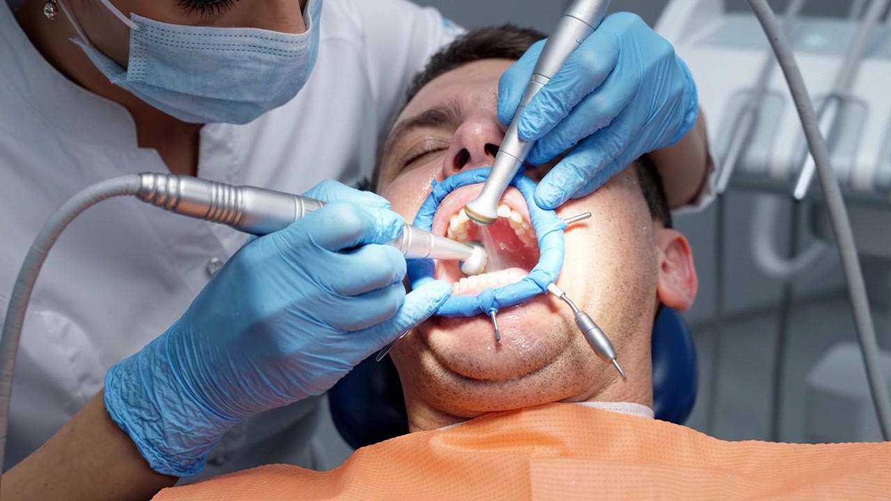 Exame Dentário: Paciente Submetido a Procedimento Odontológico com Ferramentas e Equipamentos Modernos, Focando na Saúde e Higiene Bucal Durante um Check-up Dentário de Rotina