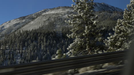 Barandilla-En-El-Costado-De-La-Carretera-Pasa-Mientras-La-Cámara-Se-Inclina-Hacia-El-Pico-De-La-Montaña-En-El-Lago-Tahoe-Mientras-Los-Abetos-De-Douglas-Pasan-En-Primer-Plano