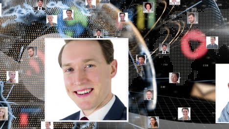 animation of networks of connections with digital icons and people photographs over globe