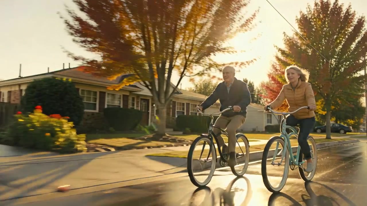 Entrando pela esquerda, casal pedalando em bicicletas cruiser por uma rua molhada, usando jaquetas escuras e bege.