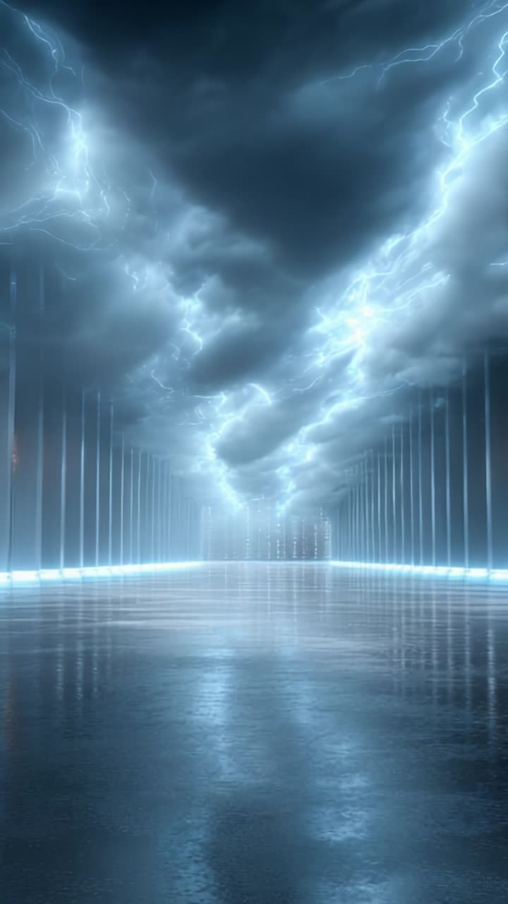 Una vista ipnotica di un corridoio futuristico illuminato da fulmini blu elettrico, che mette in mostra un'atmosfera surreale piena di formazioni nuvolose suggestive e superfici riflettenti