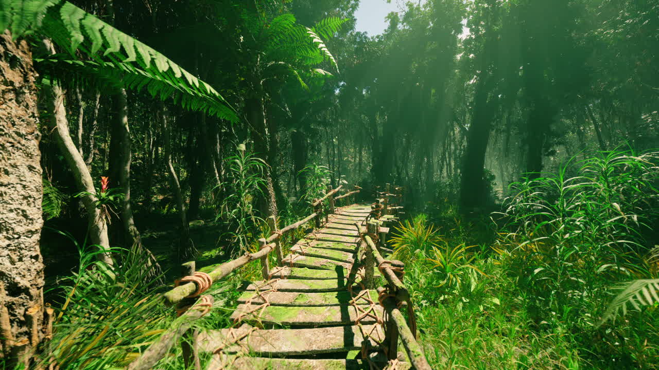 un puente de madera conduce a través de una selva exuberante y cubierta de vegetación